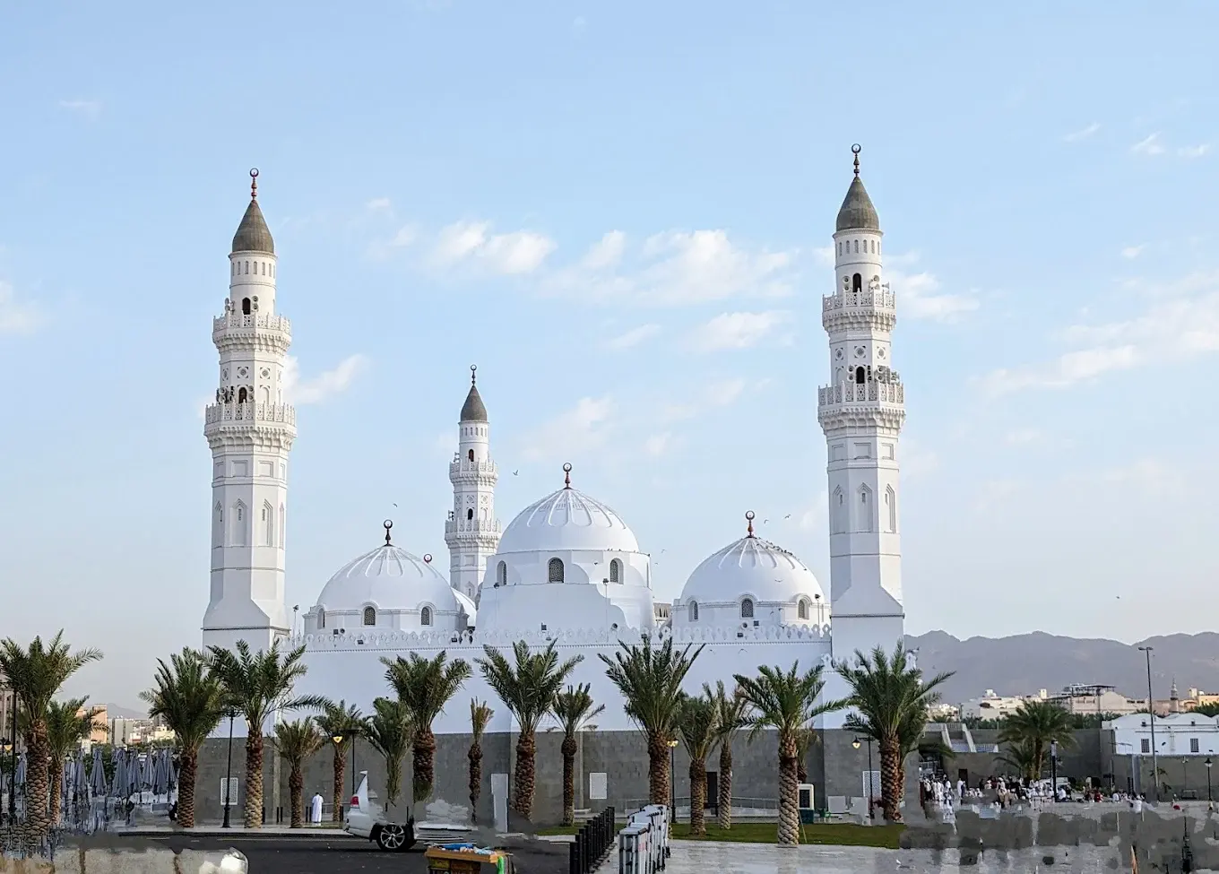 The white domes and minarets of Quba Mosque in Madinah